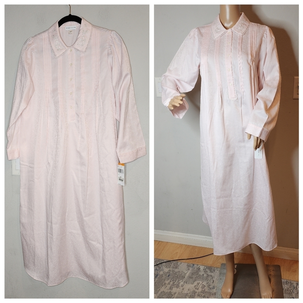 NWT Miss Elaine pink embroidered collared pintuck‎ nightgown house dress size S